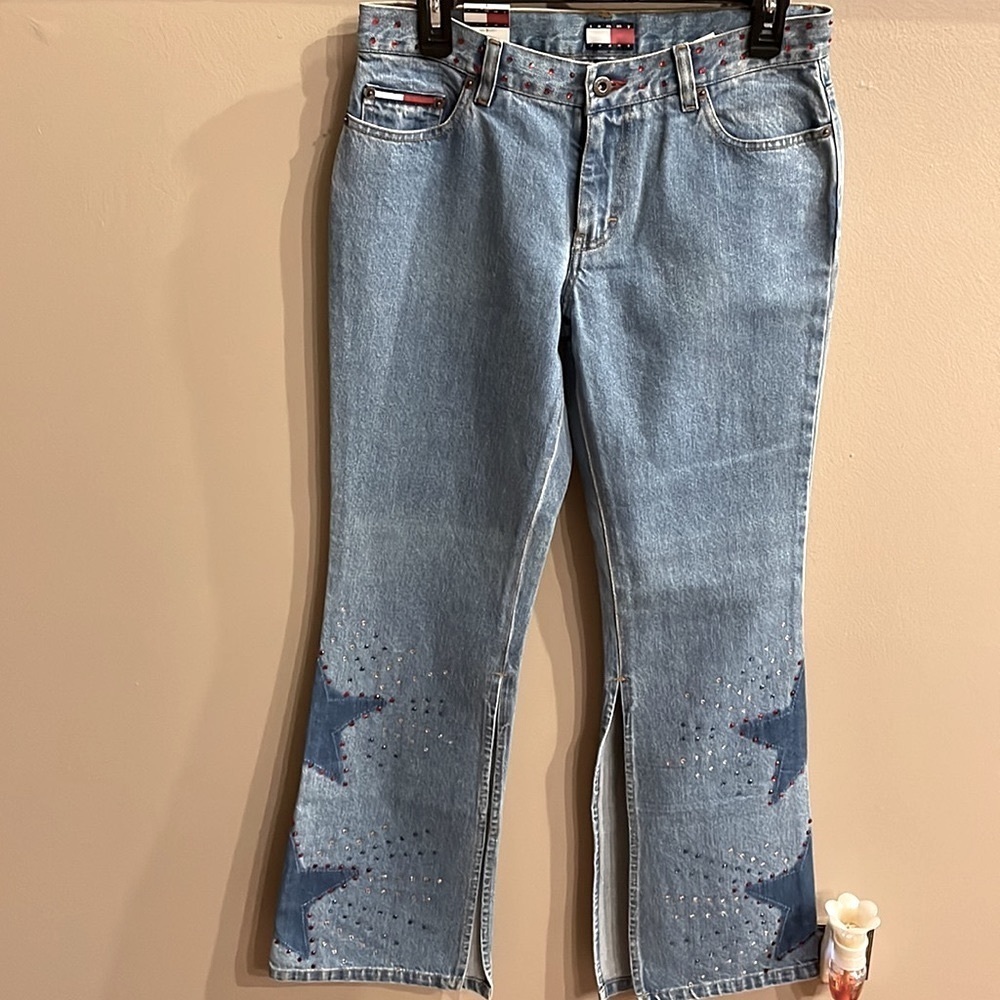 NWT TOMMY JEANS VINTAGE woman’s Star dazzle rhinestone flare  jeans high slits 9 - Picture 4 of 17